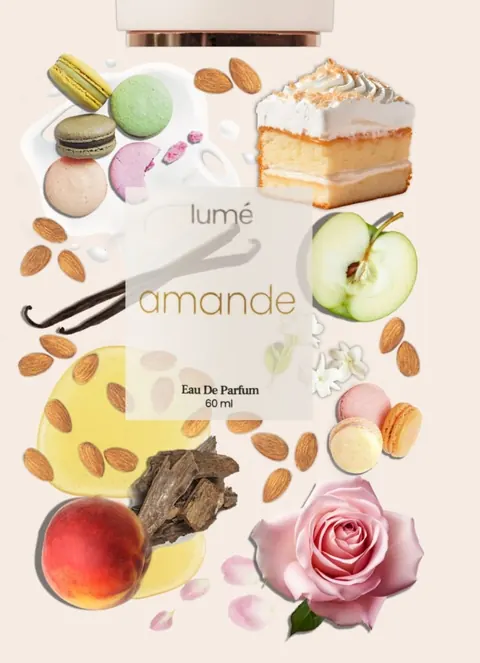 Botol Amande di antara kue, macaron, persik, mawar, vanila dan almond