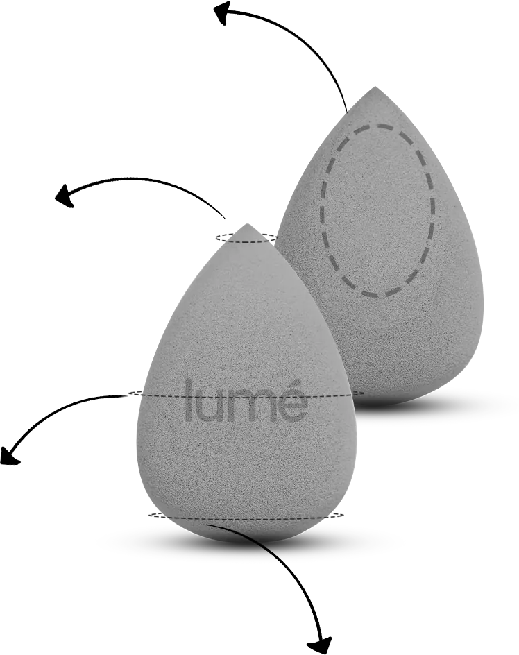 Dua spons Lumécolors Beauty Blender dengan tanda garis putus-putus di flat top, pointed tip, curve side dan round base