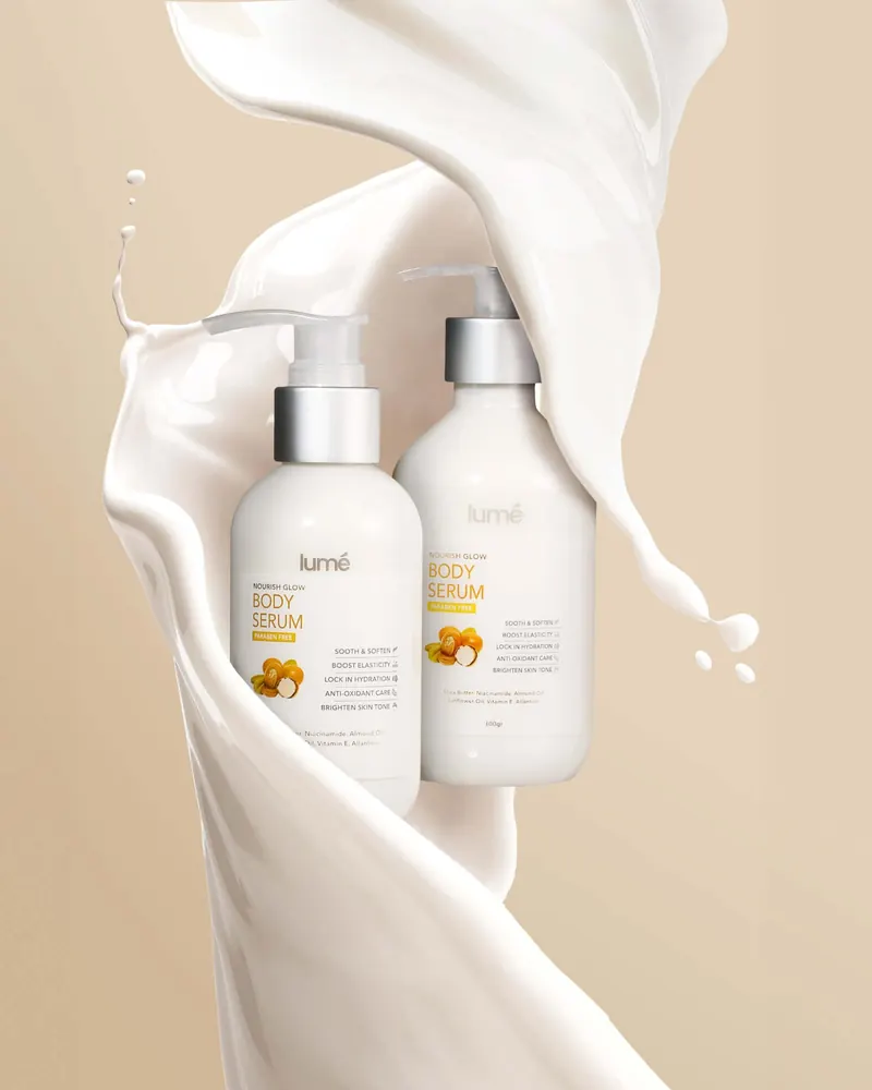 Lume Nourish Glow Body Serum 150 gr dan 300 gr dalam cipratan cairan putih