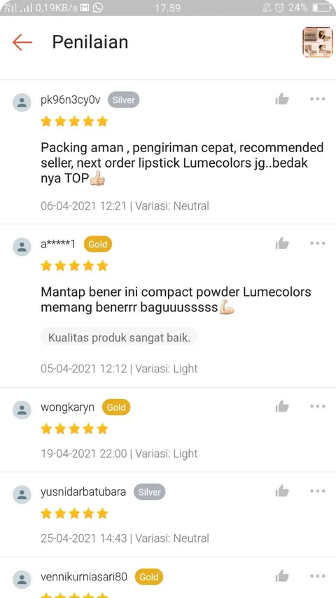 Ulasan marketplace bintang 5 untuk Compact Powder Neutral dan Light: Packing aman, pengiriman cepat, recommended seller, next order lipstick Lumécolors jg, bedak nya TOP. Mantap bener ini compact powder Lumécolors memang benerrr baguuusssss