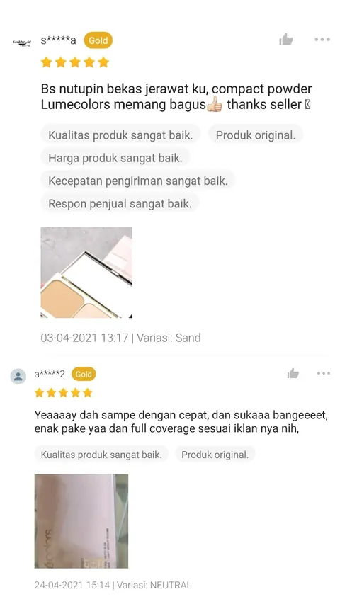 Dua ulasan marketplace bintang 5 dengan foto produk, shade Sand dan Neutral: Bs nutupin bekas jerawat ku, compact powder Lumécolors memang bagus, thanks seller. Yeaaaay dah sampe dengan cepat, dan sukaaa bangeeeet, enak pake yaa dan full coverage sesuai iklan nya nih
