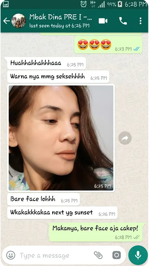 Testimoni chat WhatsApp dengan swafoto pelanggan: Warna nya mmg seksehhhh. Bare face lohhh. Next yg sunset