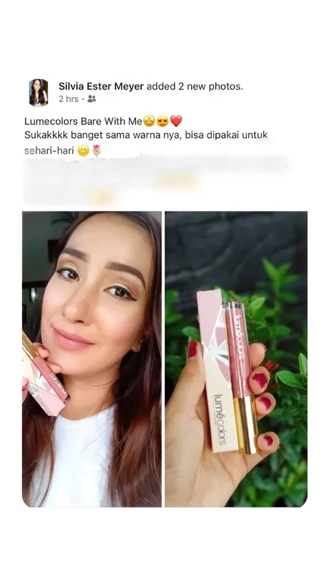 Testimoni Facebook Silvia Ester Meyer: Lumecolors Bare With Me. Sukakkkk banget sama warna nya, bisa dipakai untuk sehari-hari