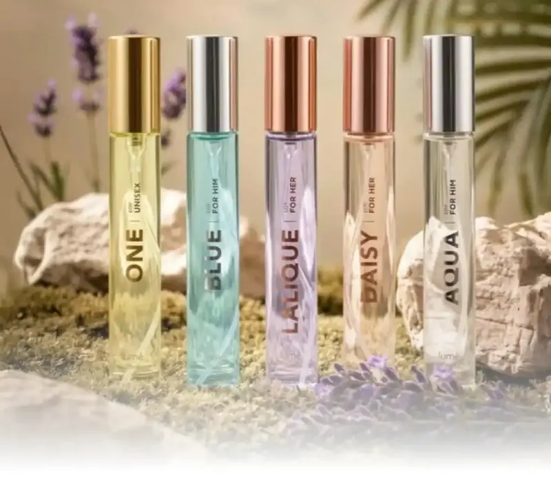Lima botol parfum Lume: ONE, BLUE, LALIQUE, DAISY dan AQUA