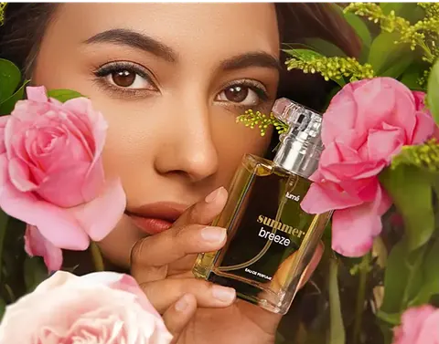 Model mencium botol Summer Breeze di antara mawar